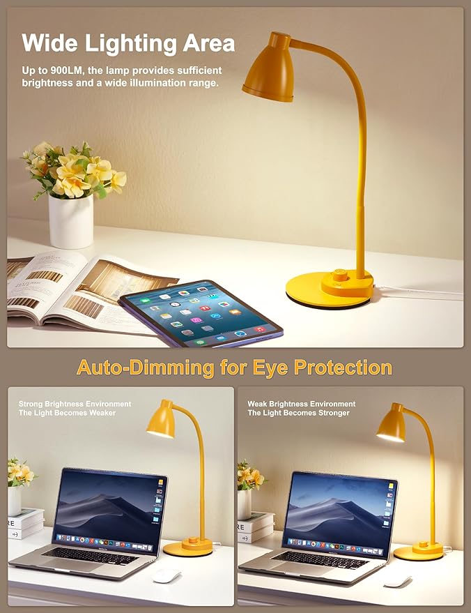 BOHON LED Desk Lamp with USB Charging Port, 3 Color Modes Fully Dimmable Reading Lamp, Auto Dimming Task Lamp, Flexible Gooseneck Table Light for Home Office Dorm Bedside, Bright Yellow - Bloomnest