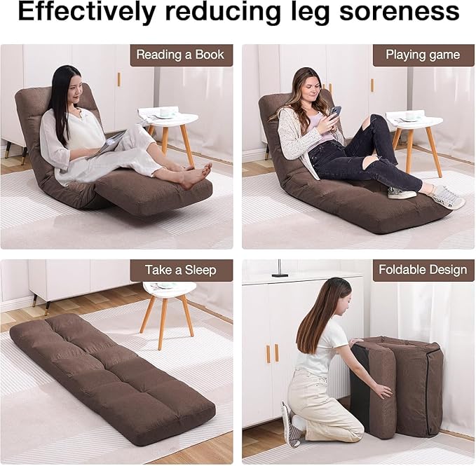 Floor Chair with Footrest Adjustable Backrest with 14 Positions Footrest 5-Position Adjustment Foldable Floor Gaming Chair for Easy Storage Linen Fabirc Chaise Lounge 086 (Brown)