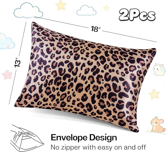 MR&HM Satin Pillowcase for Hair and Skin, Silk Satin Pillowcase 2 Pack, Toddler Size Pillow Cases Set of 2, Silky Pillow Cover with Envelope Closure (13x18, Brown Leopard) - Bloomnest