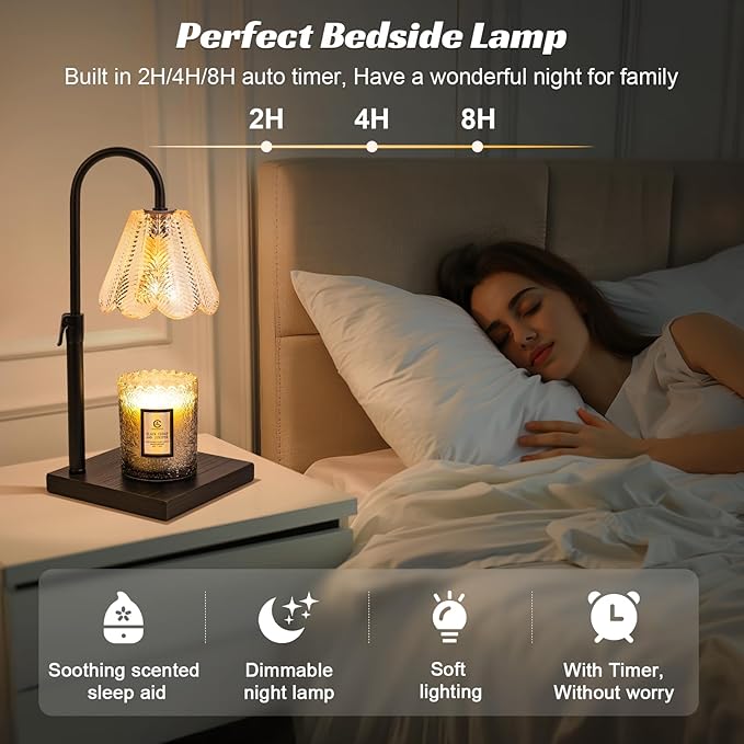 Golden Floral Candle Warmer Lamp with Timer & Dimmable Light - Adjustable Height Jar Candle Melter with Ebony Wooden Base, Home Decor Gift Set (Includes 2 Bulbs) - Bloomnest