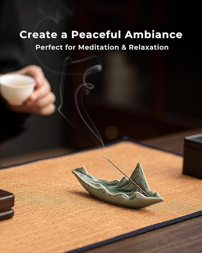 Zen Incense Stick Holder with Ash Catcher – Chinese Rivers & Mountains Landscape Ceramic Boat Incense Burner for Home, Spa, Meditation, Yoga