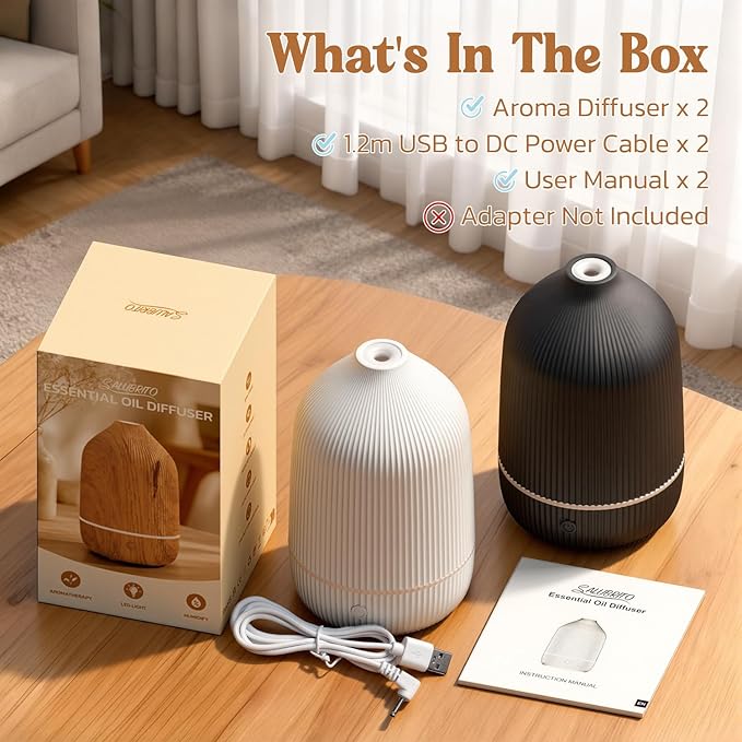 Essential Oil Diffuser, 2Pack, 100ml Aromatherapy Diffuser, Mini Ultrasonic Diffuser for Essential Oil, Home, Office, Cool Mist Humidifier with 7 Led Light, Auto Shut-Off, White & Black - Bloomnest