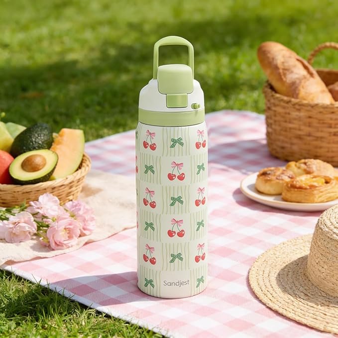 Cherry Stainless Steel Water Bottle, Vacuum Insulated, Push-Button Lid, 32 oz, Gifts for Women Girls Friends Teens Birthday Christmas SANDJEST