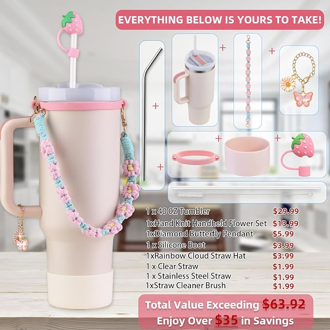 40 oz Tumbler Insulated Mug w/Straw & Flip Cap Lids - Cup Holder Bottle with 6 Accessories Set for Hot, Cold Drink - Leak-Proof - Water, Coffee Portable Travel Mug (Pink Gold) - Bloomnest