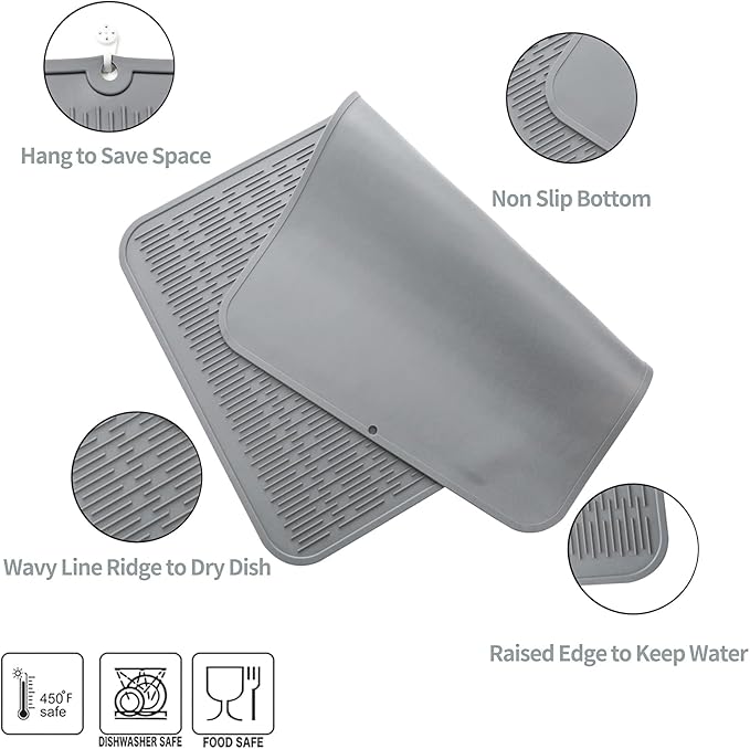 Silicone Dish Drying Mat for Multiple Usage,Easy clean,Eco-friendly,Heat-resistant Silicone Mat for Kitchen Counter or Sink,Refrigerator or Drawer Liner Grey 4XL 32 inches x 18 inches - Bloomnest