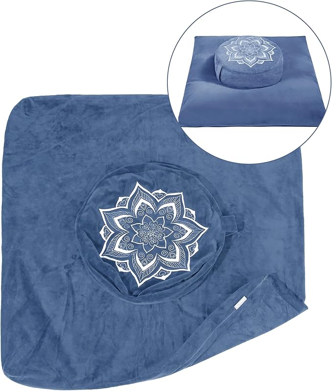 Meditation Zafu Cushion Set with Buckwheat Hulls & Memory Foam - Ergonomic Support for Yoga & Sitting - Removable Machine-Washable Luxury Velvet Cover - for Adults and Kids (Blue（COVER ONLY）)