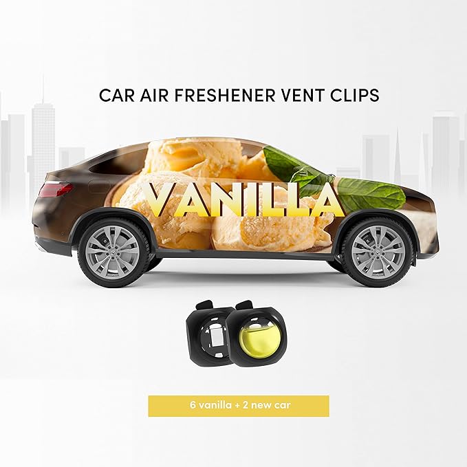 Car Air Freshener Vent Clips, 8 PK, 6 Vanilla, 2 New Car Scent, Provides Long-Lasting Scent, Up to 240 Days, Odor Eliminator - Bloomnest
