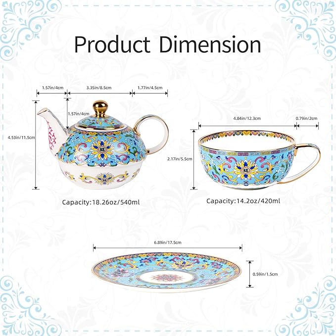 Tea for One, Porcelain Teapot and Cup Set, Vintage Tea Pot and Saucers Set, Ceramic Tea Set for Tea Party, Office and Home, Lake Blue Tea Cups and Saucer Set for Coffee, Cappuccino, Tea - Bloomnest