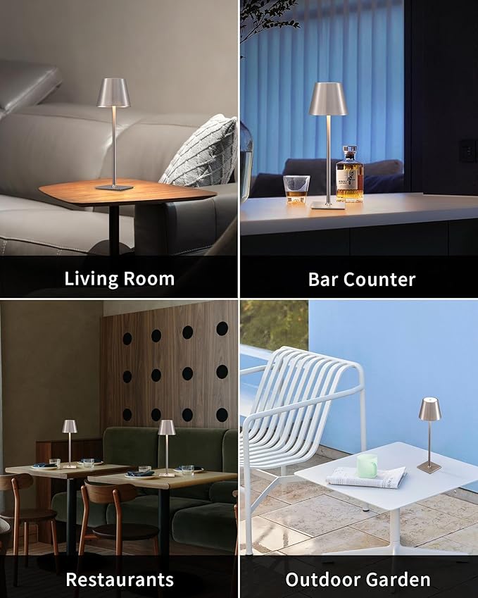KDG 2 Pack Cordless Table Lamp,Portable LED Desk Lamp, 4000mAh Battery Operated, 3 Color Stepless Dimming Up, for Restaurant/Bedroom/Bars/Outdoor Party/Camping/Coffee Shop Night Light(Brushed Nickel) - Bloomnest