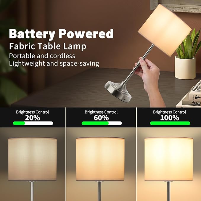 Portable Cordless Table Lamp,Built-in 5200mAH Rechargeable Battery, Dimmable Touch Wireless Light, Bed Side Metal Desk Lamp，Restaurant/Bedroom/Bar/Coffee/Night Light (Brushed Nickel) - Bloomnest