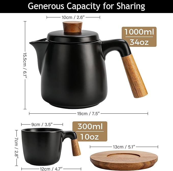 MIAMIO – 34 Oz Ceramic Tea Pot Set with Infuser and Cups/Tea Strainer, 4 Ceramic Tea Mugs (10 Oz), Bamboo Saucers/Handle for Home and Office (Black) - Bloomnest