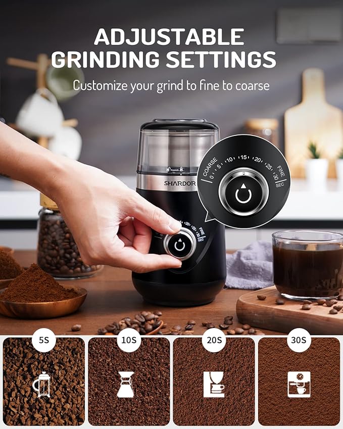 SHARDOR Electric Super Silent Blade Coffee Grinder, Timed Grind Control Rotary Knob, Adjustable Coarse to Fine for Coffee Beans, Spices & Herbs, with 2 Removable Stainless Steel Bowl, Black - Bloomnest