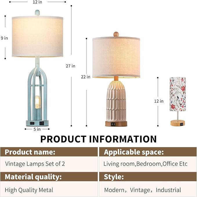 27" Farmhouse Table Lamps for Living Room,Blue Vintage Lamps Set of 2 with USB A+C Charging Ports & AC Outlet, Retro Nightstand Lamp with Fabric Shade for Bedroom, Entryway(4 Bulbs Included) - Bloomnest