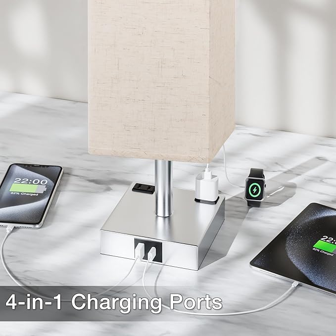 Touch Bedside Table Lamp for Nightstand - 3-Way Dimmable Night Lamp with USB A + Type C Charging Ports and Two AC Outlets, Small Desk Light with E26 LED Bulb for Bedroom Living Room Dorm, Beige - Bloomnest