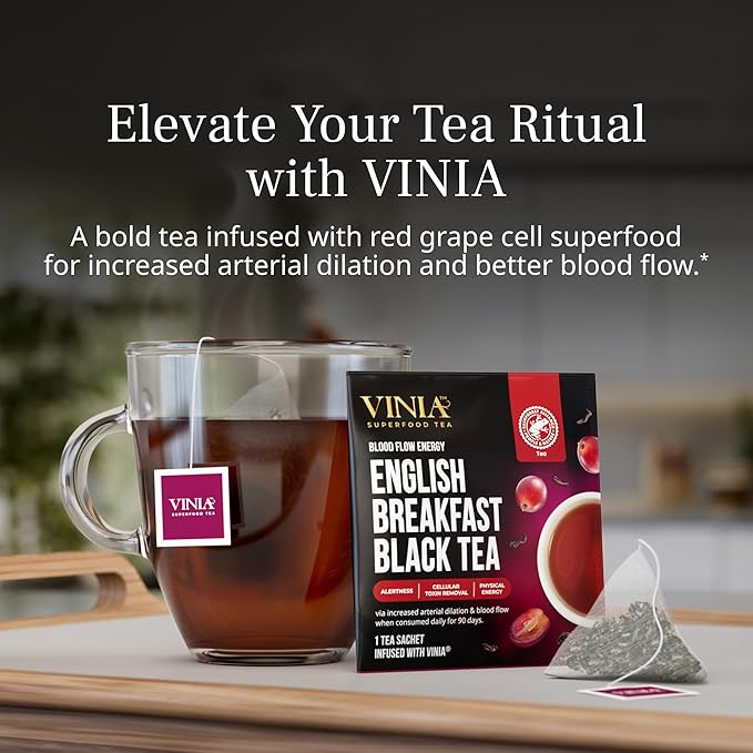 VINIA English Breakfast Black Tea Bags, Made with Organic Tea, Infused with Piceid Resveratrol for Heart Health, Nitric Oxide, Physical Energy, Alertness, Blood Flow, Keto, Kosher, NON-GMO. 30 Ct - Bloomnest