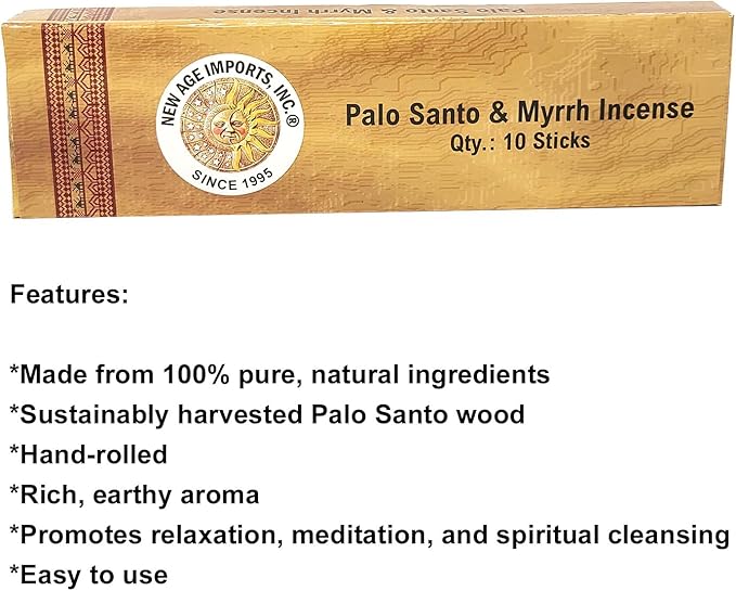 New Age Imports, Inc~ Premium Palo Santo & Myrrh 7-8" Size Incense Sticks. Great for Meditation, Smudging, Spiritual Cleansing. (10 Sticks Pack) NewAgeImportsInc