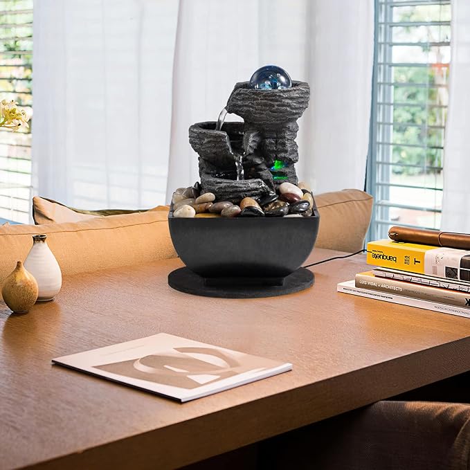 Tabletop Fountain Indoor Waterfall Meditation Fountain Like Layers of Rock Desktop Water Feature Includes Many Natural River Rock LED Lights Rolling Decorative Bubble Balls - Bloomnest