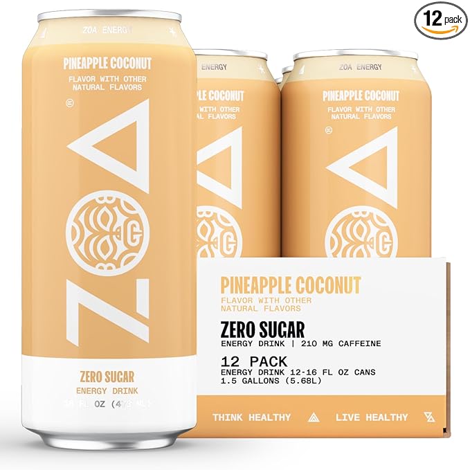 ZOA Zero Sugar Energy Drinks, Pineapple Coconut - Sugar Free with Electrolytes, Healthy Vitamin C, Amino Acids, Essential B-Vitamins, and Caffeine from Green Tea - 16 Fl Oz (12-Pack) - Bloomnest