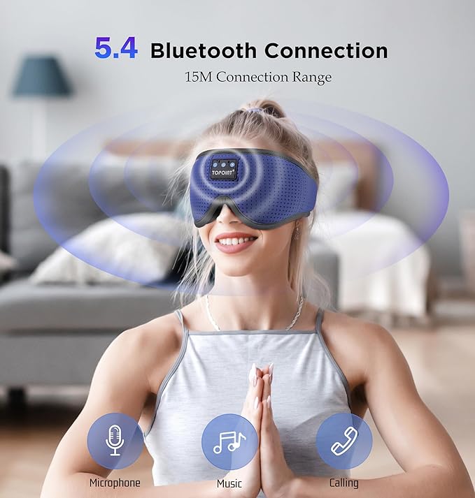 Sleep Mask with Headphones Bluetooth 5.4, TOPOINT 3D Eye Mask Blackout Breath Silk for Side Sleepers Women Men, Sleep Headphones Earphones HD Speaker Microphone for Travel Meditation Gift, CPAP Users - Bloomnest