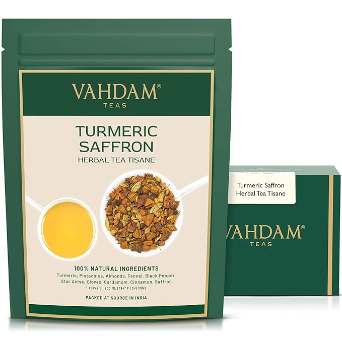 VAHDAM, Turmeric Saffron Herbal Tea Loose Leaf 100g (50 Cups, 3.5oz) Blend Of Turmeric Tea, Saffron Tea & Fresh Spices | Whole Loose-Leaf Tisane | Vacuum Sealed for Freshness - Bloomnest