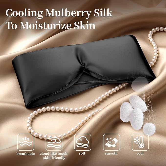 USlixury Silk Sleep Mask, 3D Contoured Sleeping Masks, Blackout Sleep Masks for Women with Nose Wing,100% Mulberry Silk, Face-Hugging Non-Slip SLEP Mask for Side Sleeper, 27.5x4.5'', Black - Bloomnest