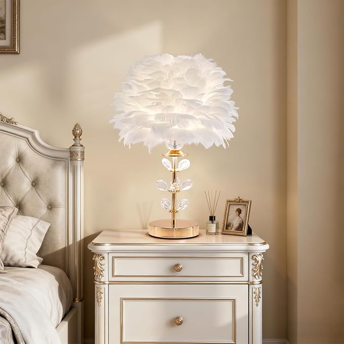 Chic White Feather Lamp Creative Fluffy Table Lamp Cute Kids Bedside Lamp Modern Feather Desk Light for Teen Girls Bedroom Living Room Entryway Study Room Wedding Deco - Bloomnest