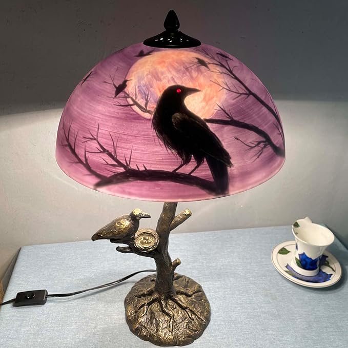 Bieye L13002 Ravens Sitting on Bare Tree Branch Against Full Moon Hand-Painted Glass Table Lamp with Raven Nest Lamp Base for Halloween Home Decor (Reddish Purple, 14" D x 14" W x 22" H)
