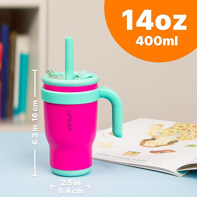 VINUR Kids Tumbler with Handle-14 oz Stainless Steel Double Wall Vacuum Tumbler with Straw, Travel Leak Proof Water Cup with Lid (Rose Pink) - Bloomnest
