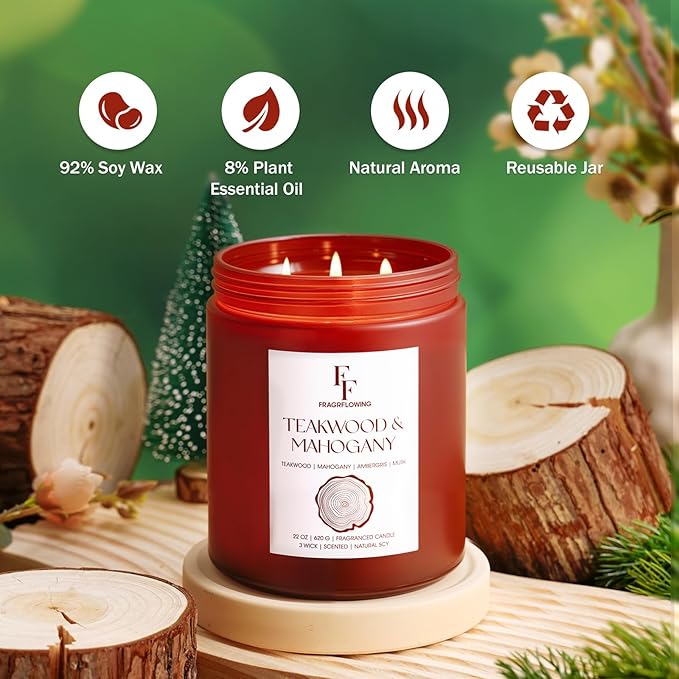 Teakwood & Mahogany Large Scented Candle, 3-Wick 22oz Long Lasting Scented Candle, Natural Soy Wax Aromatherapy Candle for Home, Autumn Candle Gifts for Women Men - Bloomnest