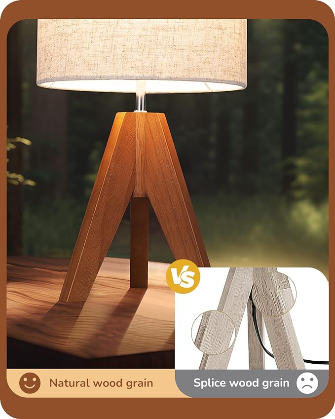 EDISHINE Tripod Table Lamp, Small Cute Bedside Lamp with Linen Beige Lampshade, Nightstand Lamp for Nursery, Bedroom, Kid Room, Living Room, Light Brown Wooden Base, E26 Socket, 14.2 Inch - Bloomnest