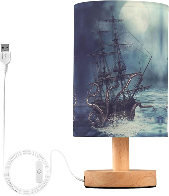 Table Lamp Octopus Pirate Ship Sea Monster Tentacle Sailboat Night Ocean Wave Nightstand Lamp with Wood Base Fabric Lamp Shade Bedside Desk Lamp for Living Room Bedroom Kids Room Office - Bloomnest