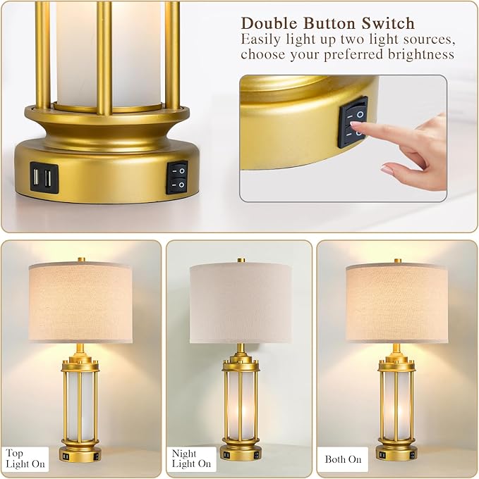 Set of 2 Modern Table Lamps for Living Room, Farmhouse Vintage Bedside Lamp with 2 USB Ports Glass Nightlight, Gold Nightstand Desk Lamps for Entryway Bedroom Dresser, 4 Bulbs Included - Bloomnest