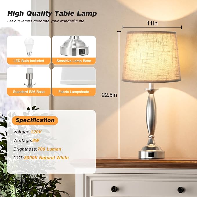 Lamps for Bedrooms Set of 2 - Touch Bedside Lamp with USB C+A, 3 Way Dimmable Nightstand Lamps with USB Port, Brushed Nickel Table Lamp for Living Room Guest Room Bed Side End Table(Mottled Gray) - Bloomnest