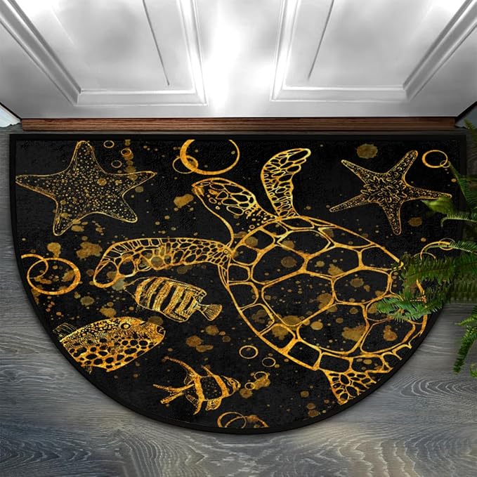 Half Round Door Mat, Gold Sea Turtle Print Non-Slip Half Circle Rug Washable Home Decor Cute Door Mat for Indoor Outdoor Living Room Bedroom Kitchen Patio(36"x24") - Bloomnest