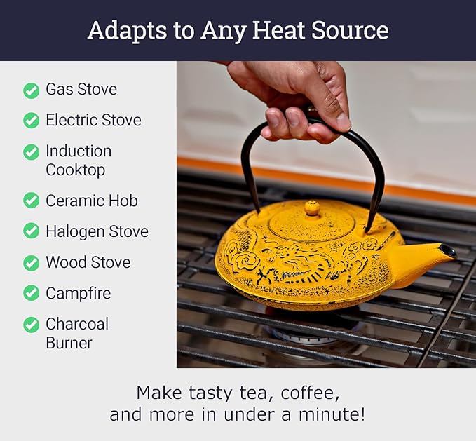 Large Cast Iron Tea Kettle Set - 40oz/1200ml Japanese Teapot with Infuser & Matching Trivet - Tetsubin Iron Tea Pot Japanese Style with Enamel Interior - Handcrafted Dragon Teapot Humidifier - Yellow