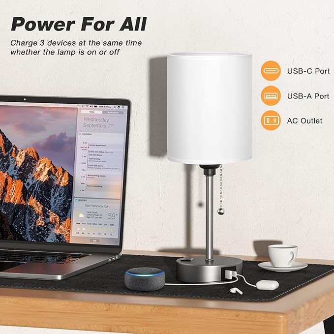 White Bedside Lamp for Bedroom - 3 Color Temperatures Desk Lamp with USB C and A Ports, Pull Chain Table Lamp with AC Outlet, Nightstand Lamp with Silver Metal Base for Kids Girls - Bloomnest