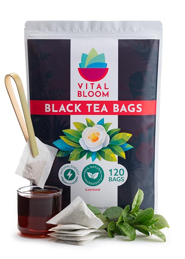 Vital Bloom Black Tea, 120 Count Tea Bags, Smooth, Flavourful, and Robust, Enjoy Hot or Cold Brew, Bleach Free Tea Bags, Non GMO (Free Bamboo Tongs Included) - Bloomnest