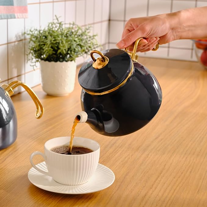 Karaca Retro Teapot Set Anthracite, Enamel, Teapot/Lid (1.1 lt, 2.4 lb), Tea Kettle (2.3 lt, 5 lb), Titanium Coated Handles, Suitable for Induction - Bloomnest