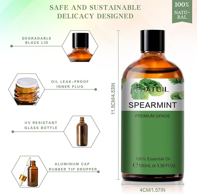 Spearmint 3.38fl.oz Essential Oil, PHATOIL Pure Aromatherapy Oils for Diffuser, Humidifier, Perfect for DIY Soap, Candle, Bath Bombs Making(100ml) PHATOIL