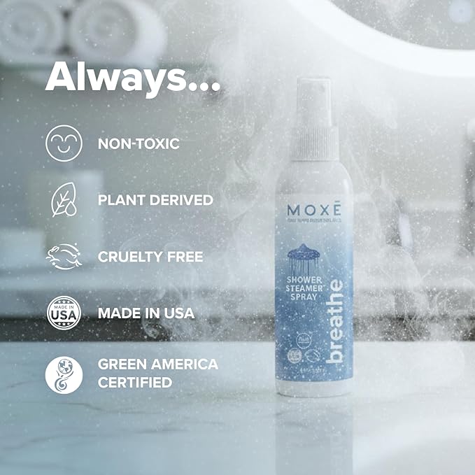 MOXE Breathe Shower Mist, Eucalyptus and Peppermint, Spa Steam Spray, Certified Natural 100% Essential Oils, Made in USA, Aromatherapy, Sinus Congestion Relief, Tension Relief, 4 Ounces (1 Pack) - Bloomnest