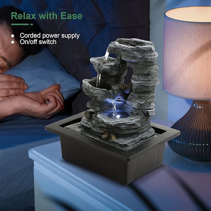 Indoor Fountain - Elegant Resin Design with Natural Rock-Like Texture for Home Office Decor Relaxation, Desktop Fountain with Soothing LED Light, 9.06''x6.89''x10.24'' Indoor Waterfall Feature