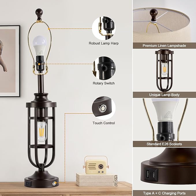 28.8" Farmhouse Table Lamps for Living Room Set of 2, 3-Way Dimmable Touch Lamps with USB Ports, Rustic Nightstand Lamps for Bedroom End Tables, Bulbs Included - Bloomnest