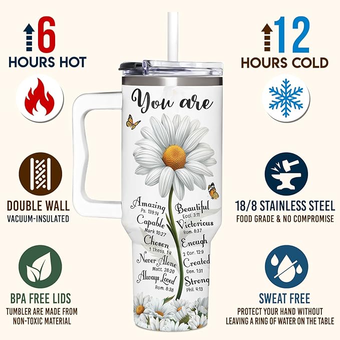 Christian Daisy Gifts for Women - Inspirational Faith Tumbler With Handle & Straw - 40Oz, Daisy Theme - Birthday, Mothers Day, Christmas - Bloomnest