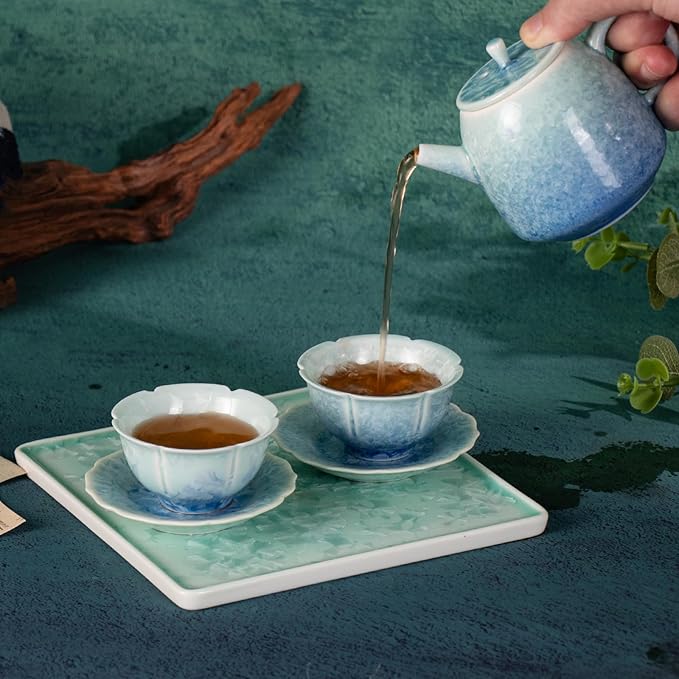 KAMMAK Tea Set Porcelain Tea Pot and Tea Cups Set, Blue and Cyan Gradient Asian Ceramic Tea Cups and Saucers Set, Chinese Gong Fu Tea Set (2 Saucer+ 2 Floral Cups +1 Tea Pot + 1 Square Plate) - Bloomnest