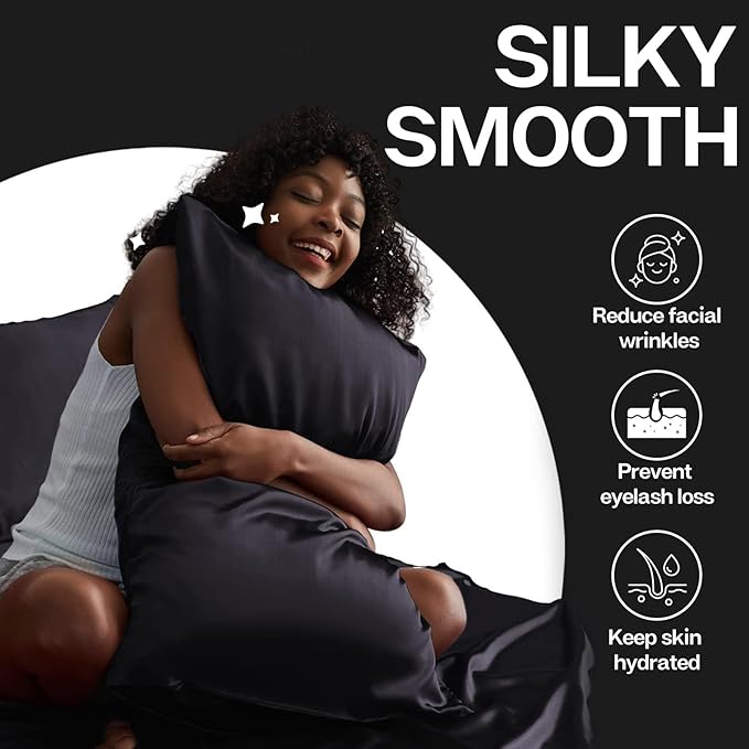 MR&HM Satin Pillowcase for Hair and Skin, Silk Satin Pillowcase 2 Pack, King Size Pillow Cases Set of 2, Silky Pillow Cover with Envelope Closure (20x36, Black) - Bloomnest