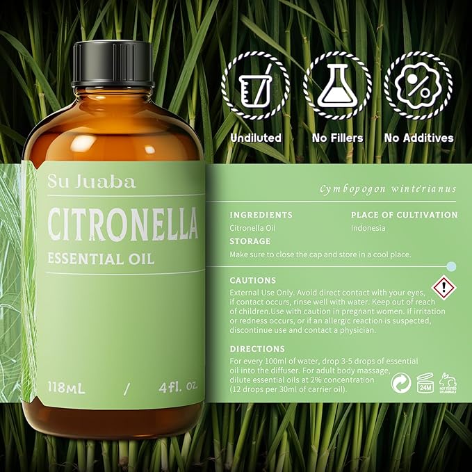 SU JUABA Citronella Oil 4 Fl Oz, 100% Pure Natural Aromatherapy Oil for Diffuser, Massage, Hair & Skin Care - 118ML Bloomnest