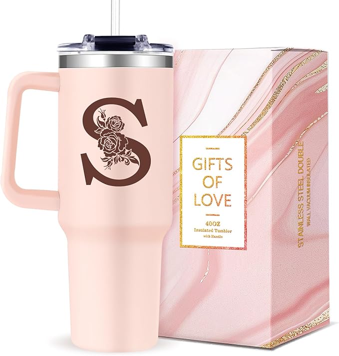 Monogrammed 40oz Tumbler with Handle for Women, Personalized Birthday Gifts for Women,Initial Cups for Woman Pink Letter S,Customized Gifts for Female Lady Gift for Mothers Day Christmas - Bloomnest