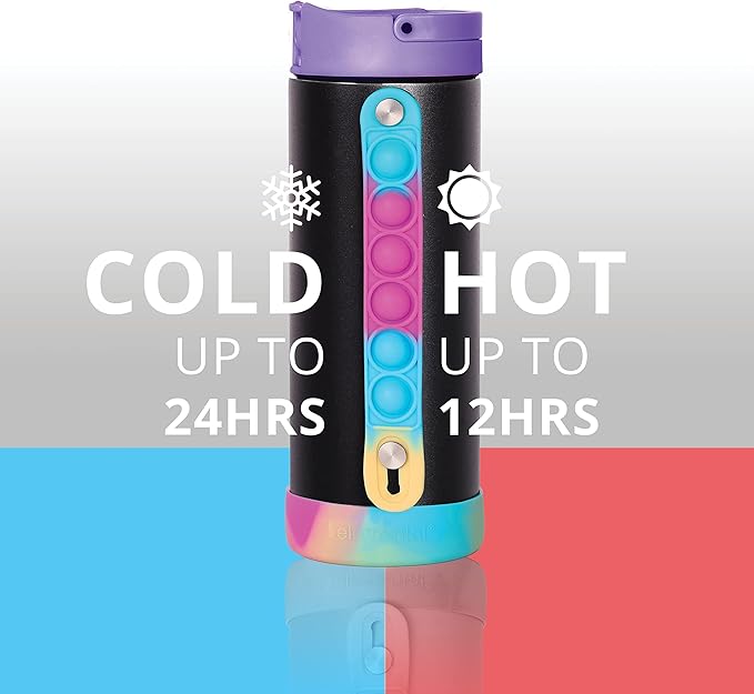 Elemental Iconic Kids Water Bottle for School - 100% Leak-Proof Insulated Water Bottles with Straw Lid & Pop-It Handle for Boys & Girls - Triple-Wall Insulated & BPA-Free, 14oz – Black Tie Dye - Bloomnest