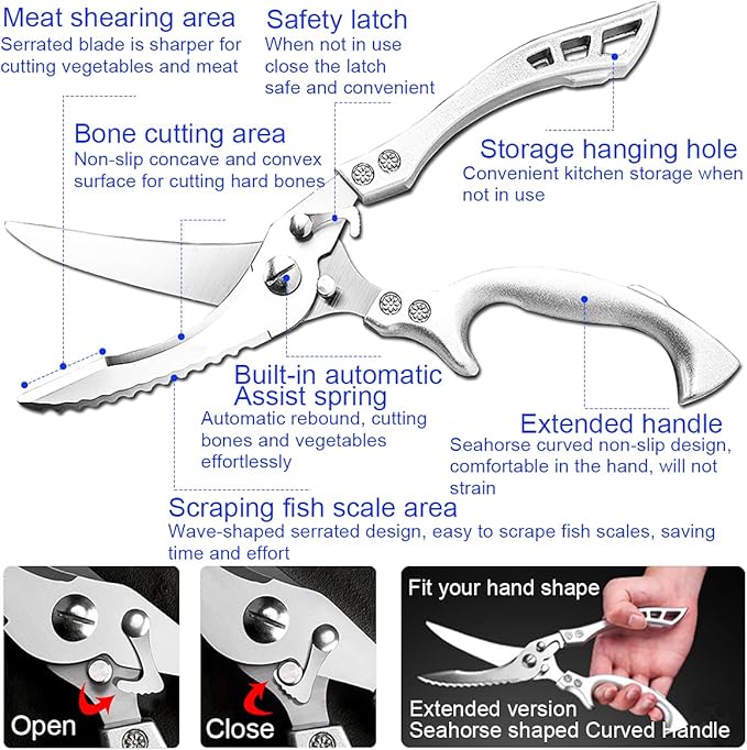 ANDONG Upgrade Heavy Duty Stainless Steel Kitchen Scissors - Professional Poultry Shears for Bone, Meat, Chicken, Fish, Turkey, Vegetables,Spring Loaded Multipurpose Ultra Sharp Utility Scissors - Bloomnest