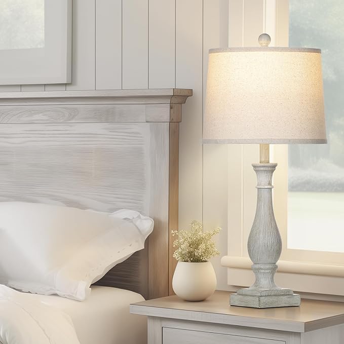 27.5" Farmhouse Table Lamps Set of 2 with USB C+A Ports & AC Outlet for Vintage Living Room Retro Bedroom, 3-Way Dimmable Touch Lamps Resin Bedside Lamps for Nightstand Side End Table, Grey - Bloomnest